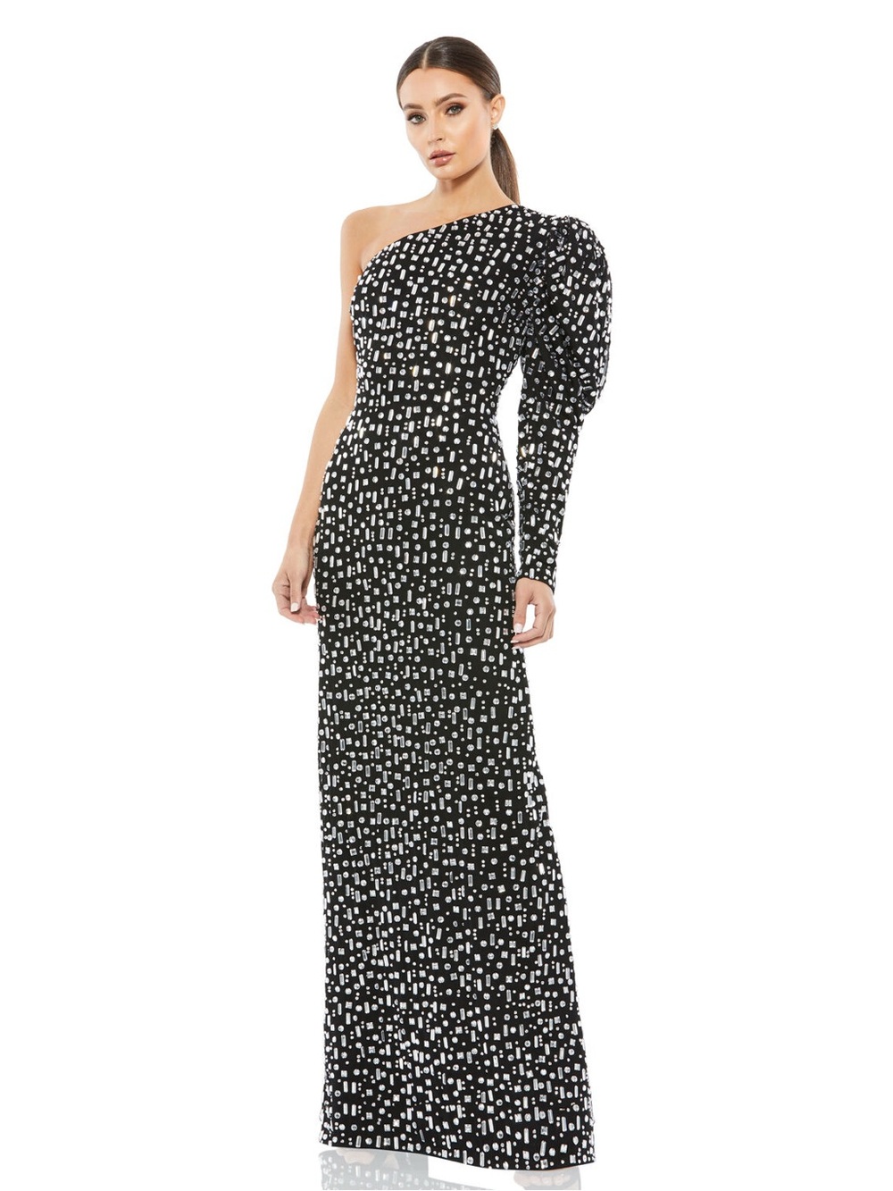 Mac Duggal 10768 Black One Shoulder Puff Sleeve Dress Size 10 NWT